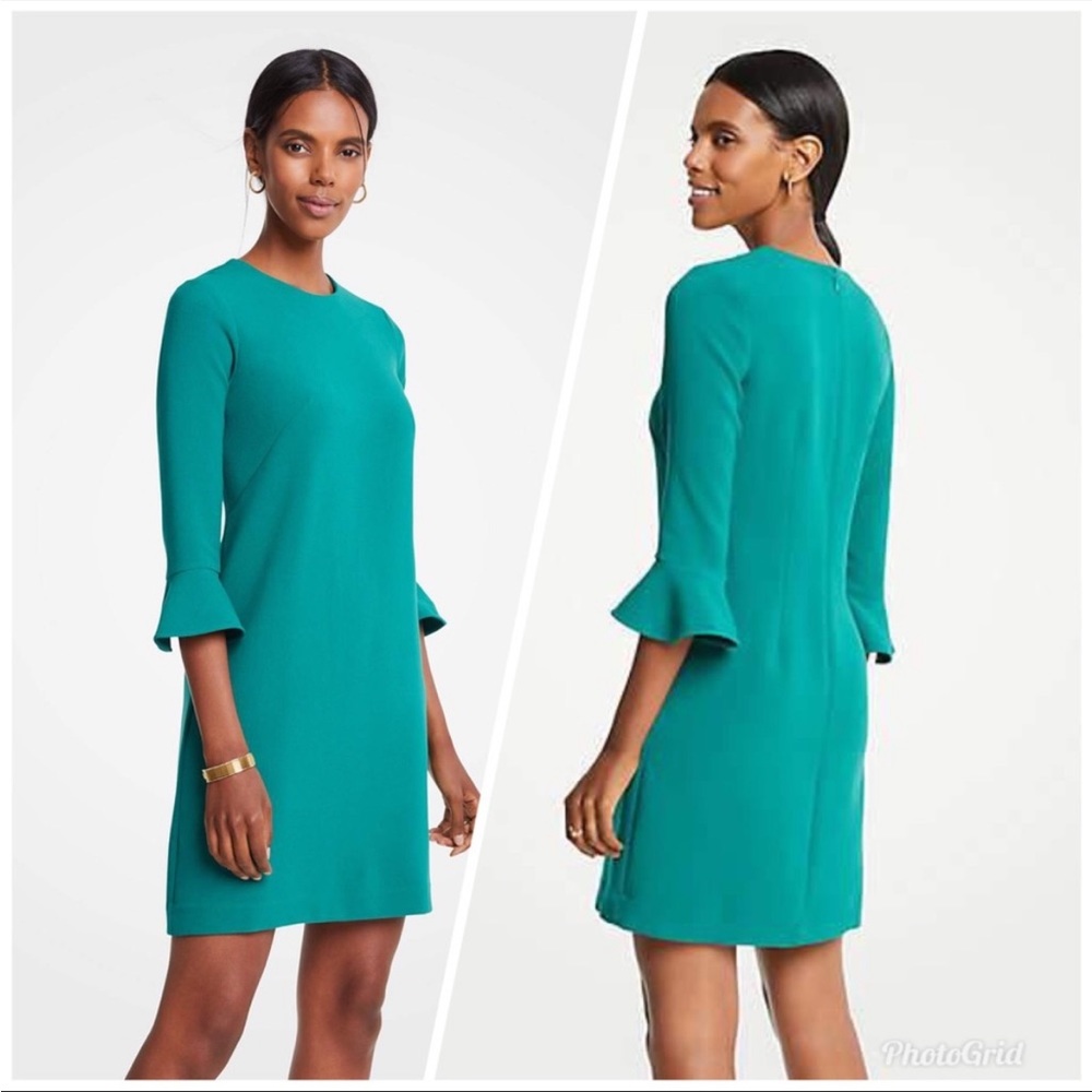 Ann Taylor Jade Green Doubleweave Fluted Sleeve Shift Dress Size 4